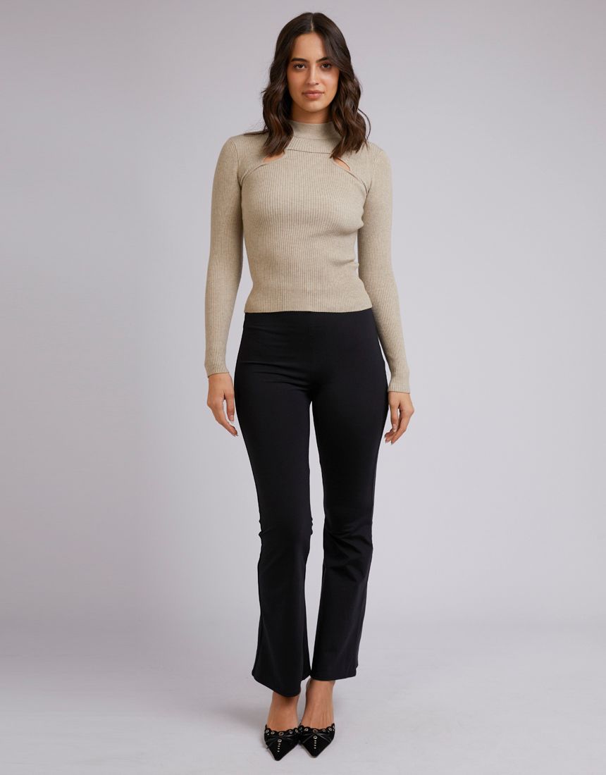 Long Sleeve Beige Top | High Neckline with Cut-Out Detail | Stretch Fabric for Autumn/Winter