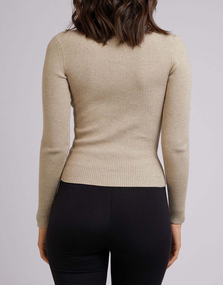 Long Sleeve Beige Top | High Neckline with Cut-Out Detail | Stretch Fabric for Autumn/Winter
