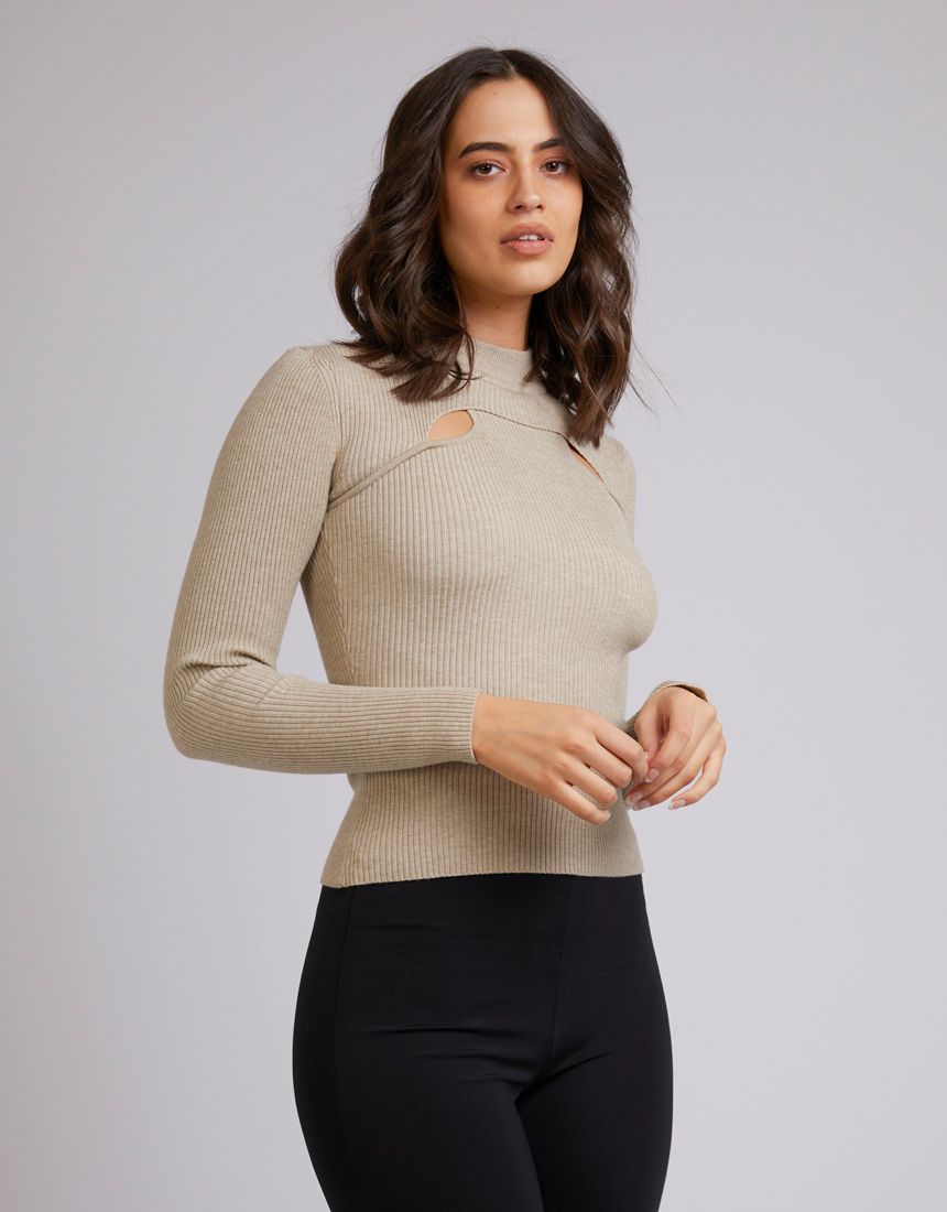 Long Sleeve Beige Top | High Neckline with Cut-Out Detail | Stretch Fabric for Autumn/Winter