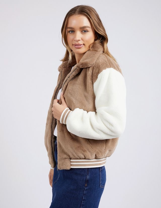 Beige Bomber Jacket | White Contrast Sleeves with Side Pockets | Relaxed Fit with Ribbed Cuffs