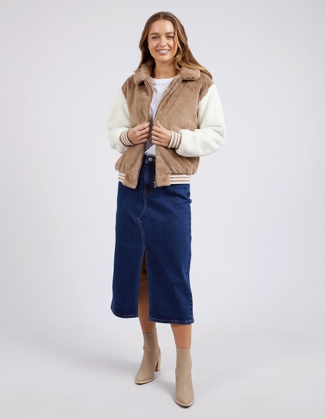 Beige Bomber Jacket | White Contrast Sleeves with Side Pockets | Relaxed Fit with Ribbed Cuffs
