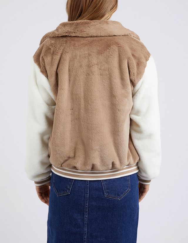 Beige Bomber Jacket | White Contrast Sleeves with Side Pockets | Relaxed Fit with Ribbed Cuffs