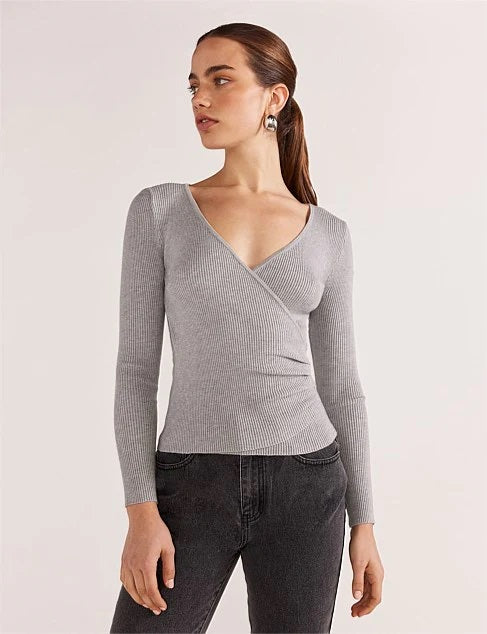 Staple The Label Molly Knit Top [COLOUR:Grey marle  SIZE:S]