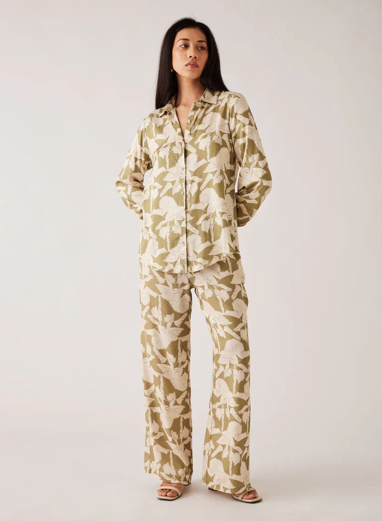 Leaf Print Shirt in Cream and Sage | Long Sleeves with Button Cuffs | Lightweight Fabric and Hip Length Fit