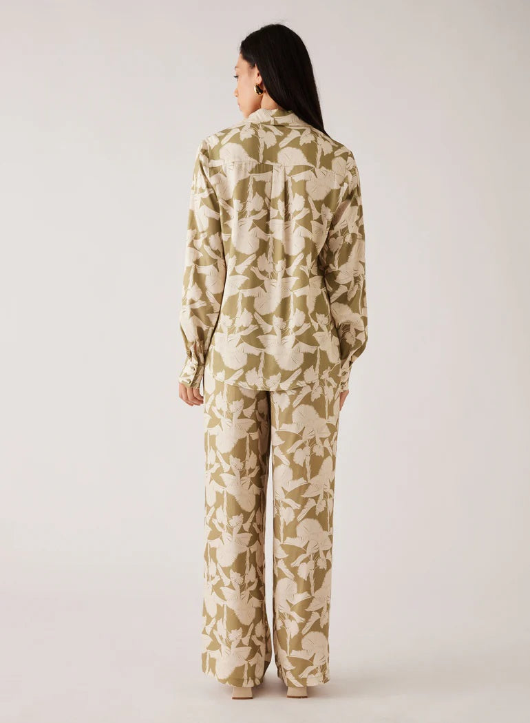 Leaf Print Shirt in Cream and Sage | Long Sleeves with Button Cuffs | Lightweight Fabric and Hip Length Fit