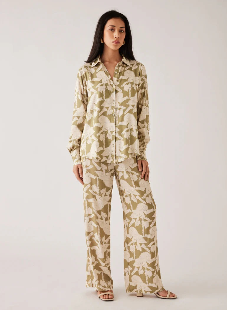 Leaf Print Shirt in Cream and Sage | Long Sleeves with Button Cuffs | Lightweight Fabric and Hip Length Fit