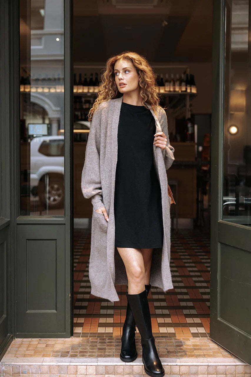 Emerson Ribbed Cardigan | Longline Wool Blend with Balloon Sleeves and Slouch Pockets | Open Front