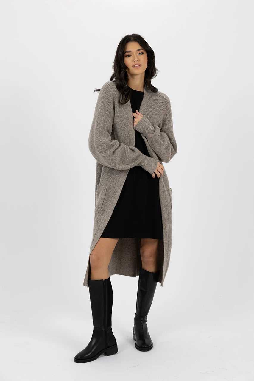 Emerson Ribbed Cardigan | Longline Wool Blend with Balloon Sleeves and Slouch Pockets | Open Front