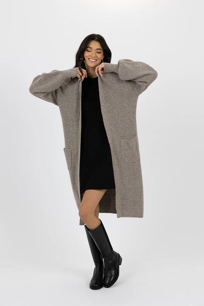 Emerson Ribbed Cardigan | Longline Wool Blend with Balloon Sleeves and Slouch Pockets | Open Front