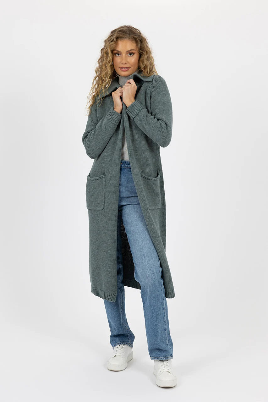 Lottie Longline Cotton Cardigan | Oversized Ribbed Collar with Front Pockets | Heavyweight Knit