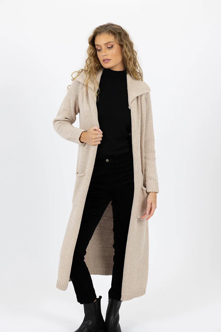 Lottie Long-Line Cardigan | Cotton with Oversized Ribbed Collar and Front Pockets | Open Front Design