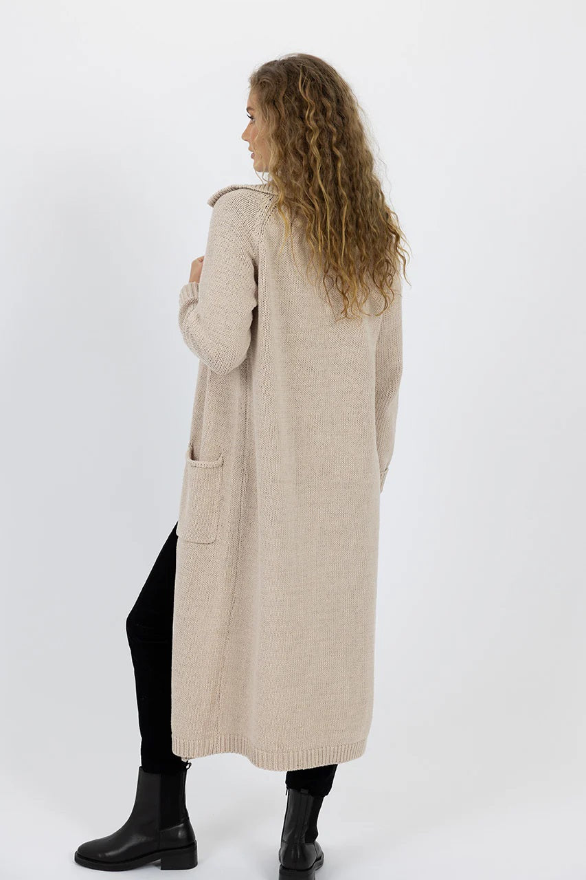 Lottie Long-Line Cardigan | Cotton with Oversized Ribbed Collar and Front Pockets | Open Front Design