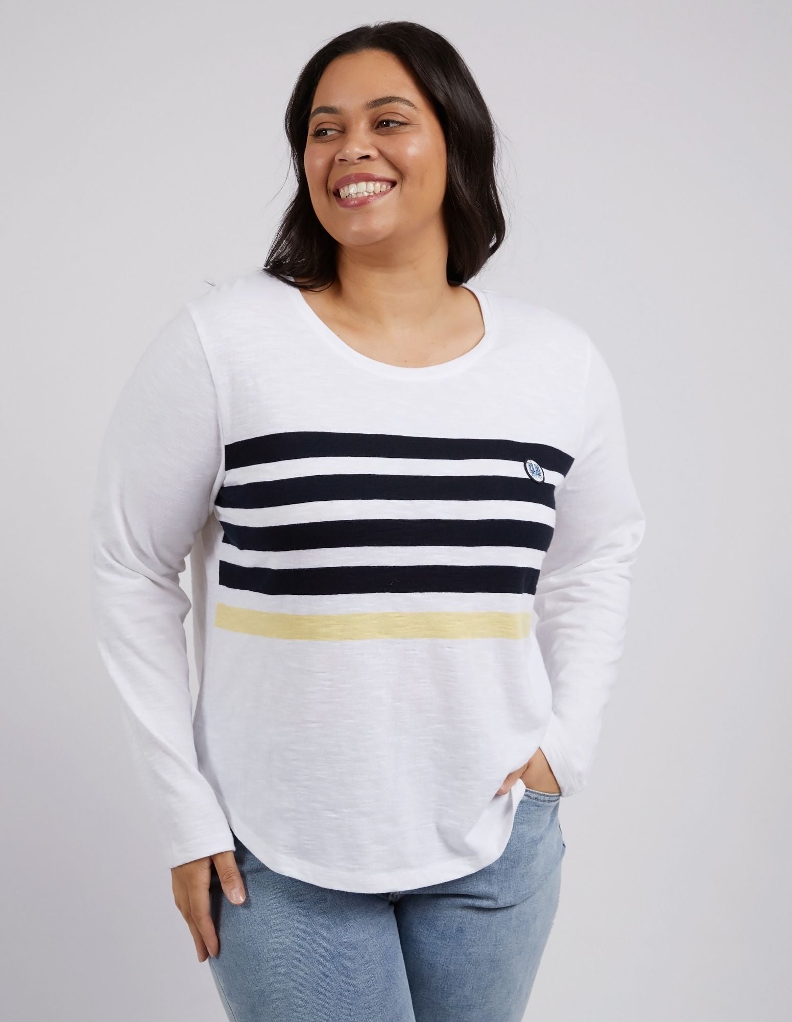 Byron Long Sleeve Tee | Yarn-Dyed Chest Stripe with Scoop Hemline | Cotton Slub Jersey