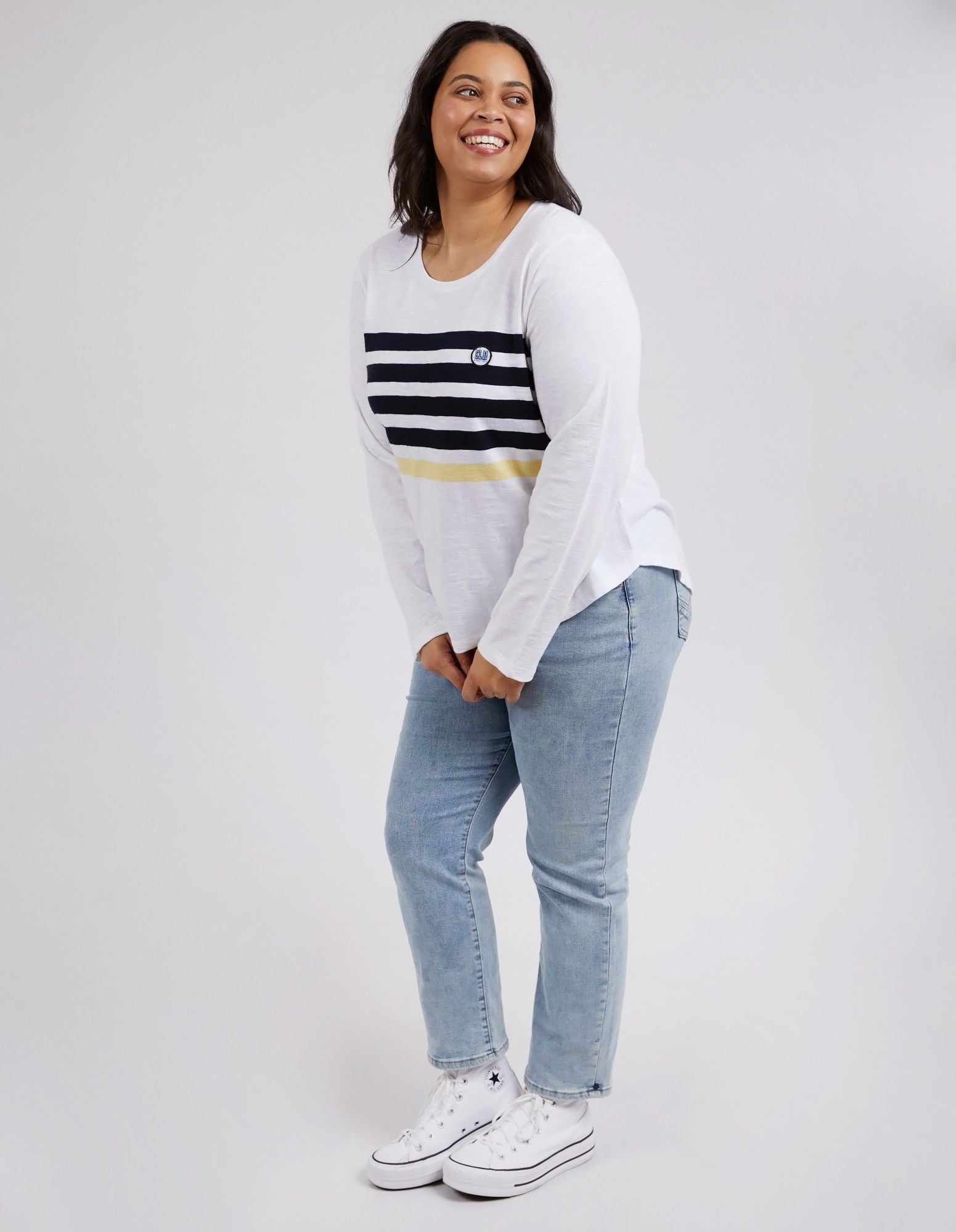 Byron Long Sleeve Tee | Yarn-Dyed Chest Stripe with Scoop Hemline | Cotton Slub Jersey