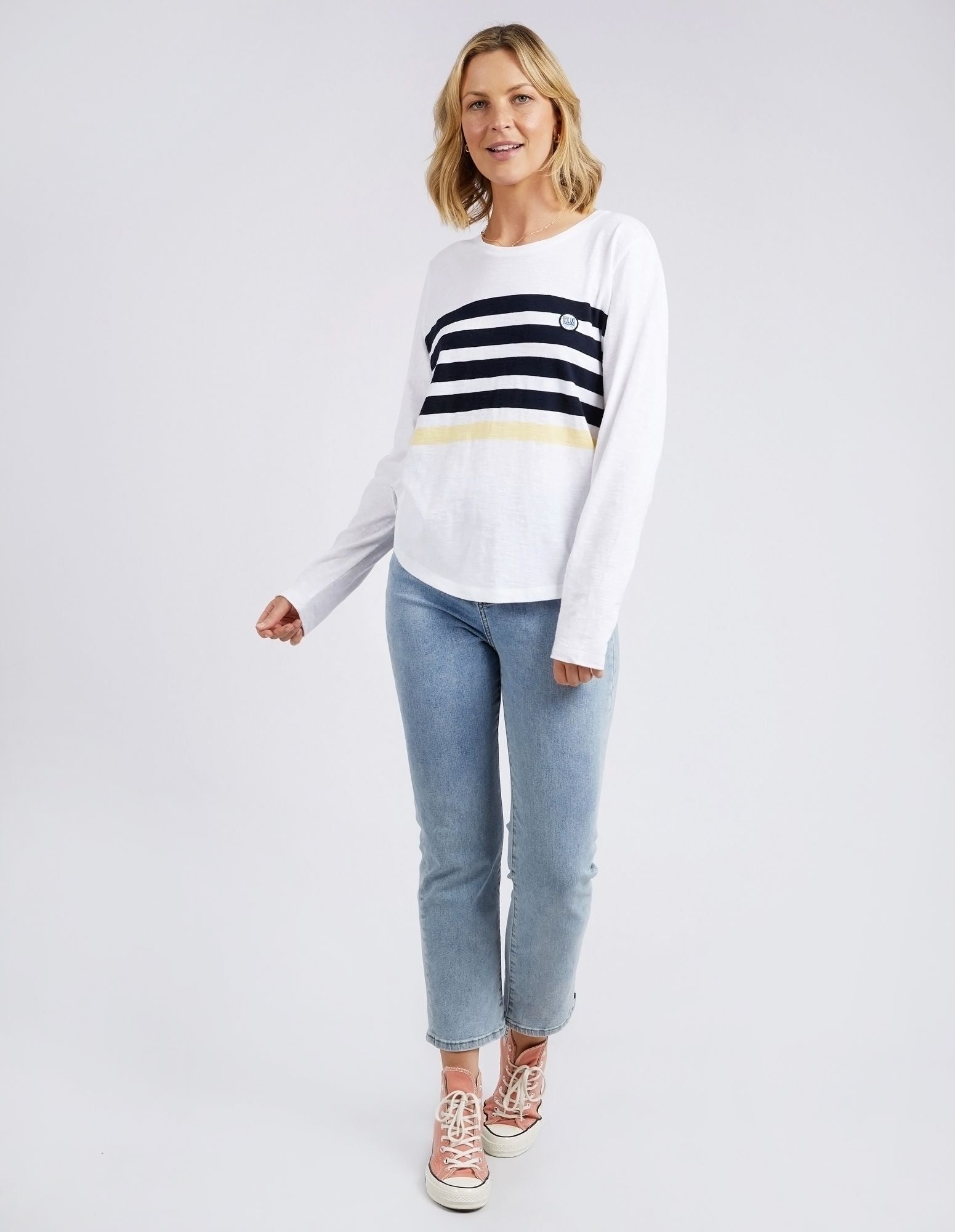 Byron Long Sleeve Tee | Yarn-Dyed Chest Stripe with Scoop Hemline | Cotton Slub Jersey