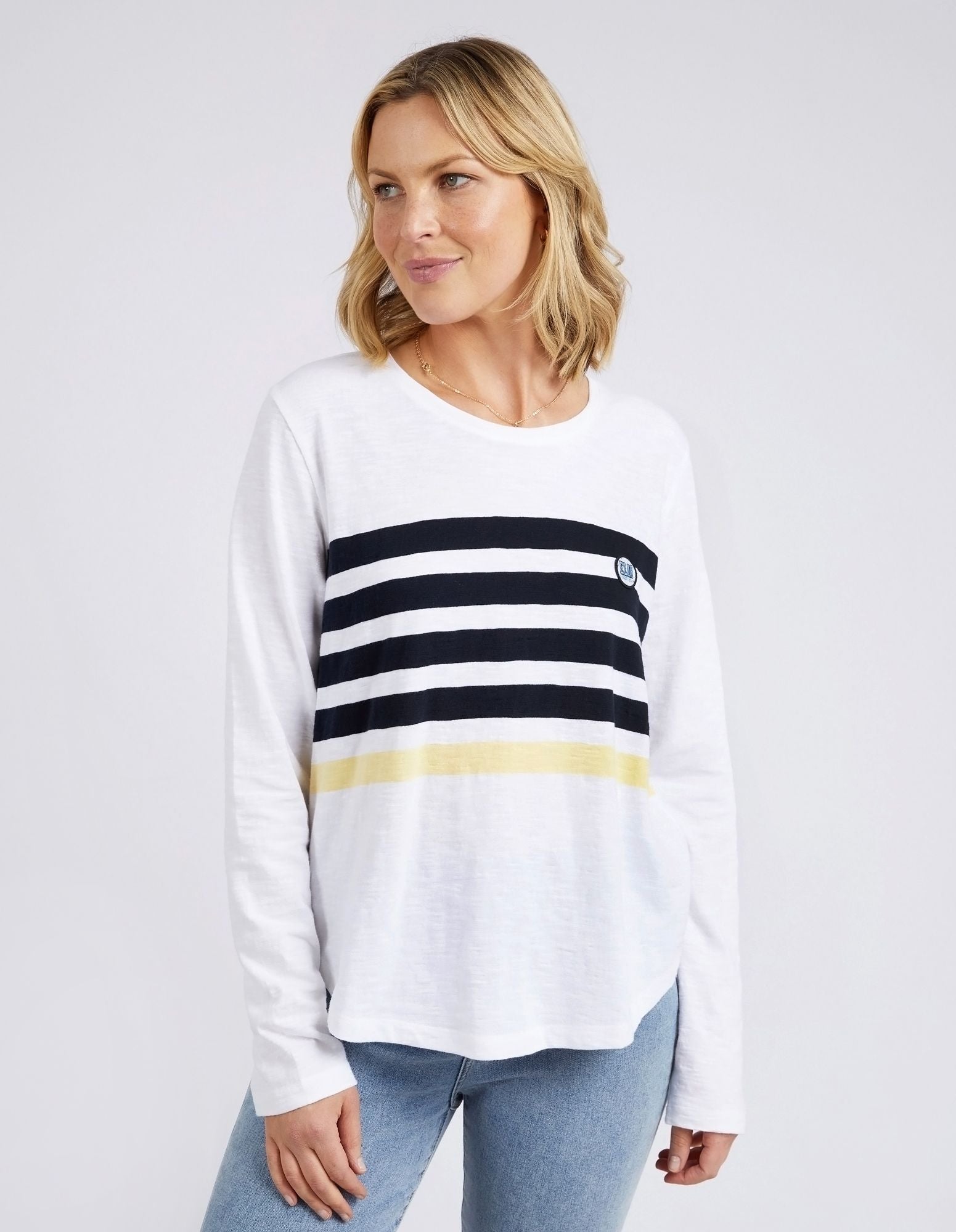 Byron Long Sleeve Tee | Yarn-Dyed Chest Stripe with Scoop Hemline | Cotton Slub Jersey