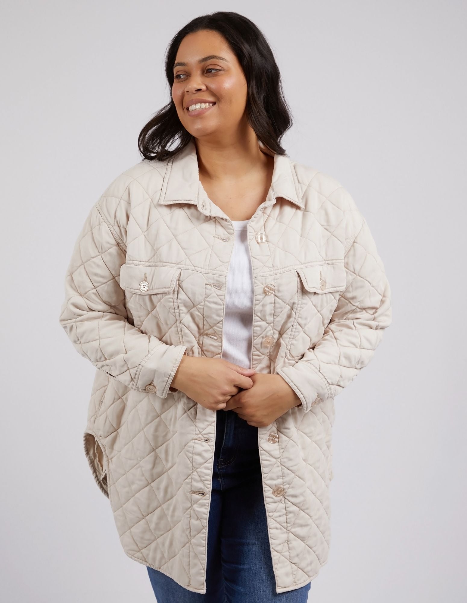 Katie Quilted Shacket | Padded Button-Through with Functional Pockets | Scooped Hemline and Cotton Lining