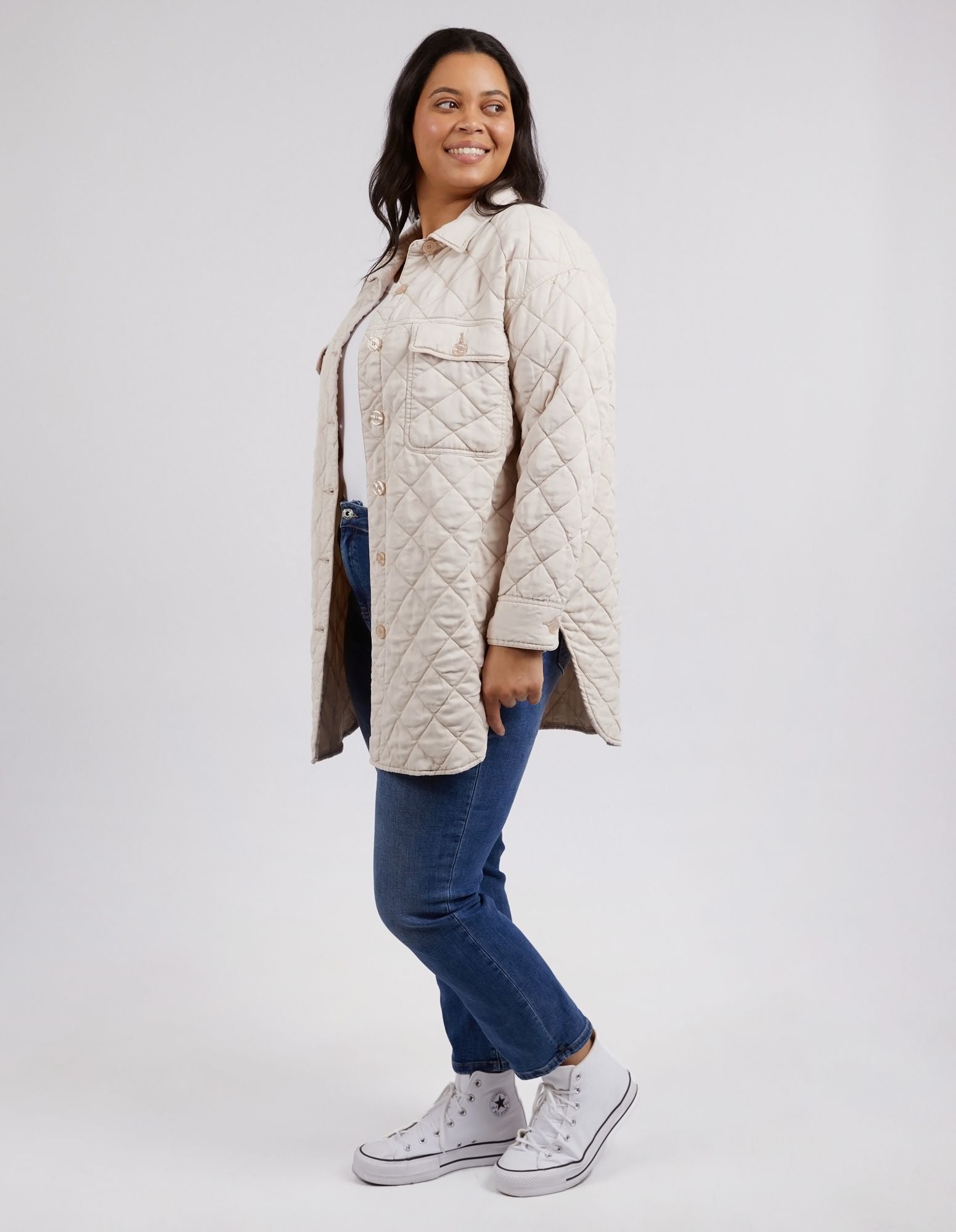Katie Quilted Shacket | Padded Button-Through with Functional Pockets | Scooped Hemline and Cotton Lining