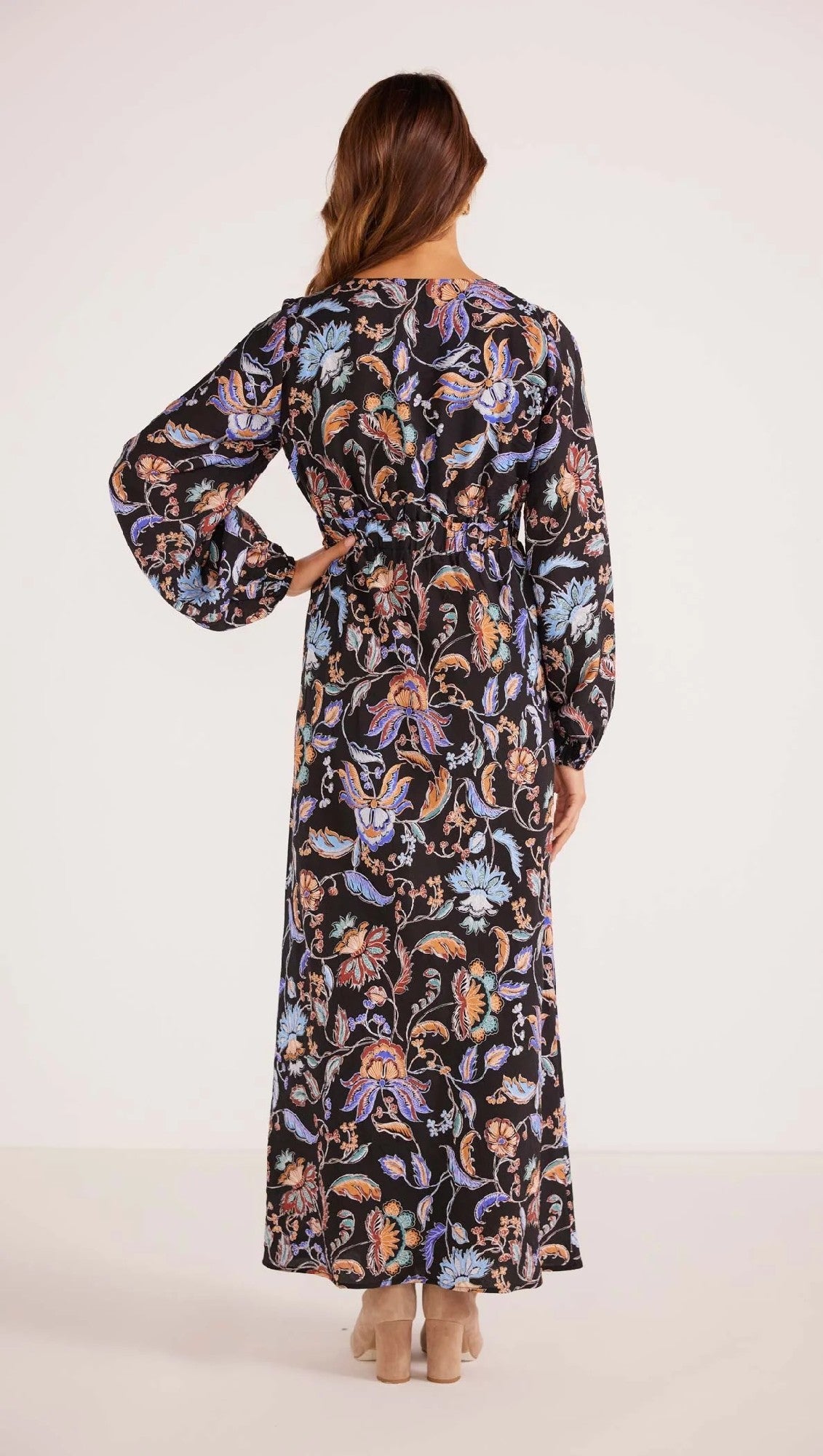Celeste Long Sleeve Midi Dress | Deep V Neckline with Blouson Sleeves and Elastic Cuffs | Straight Skirt with Elasticated Back