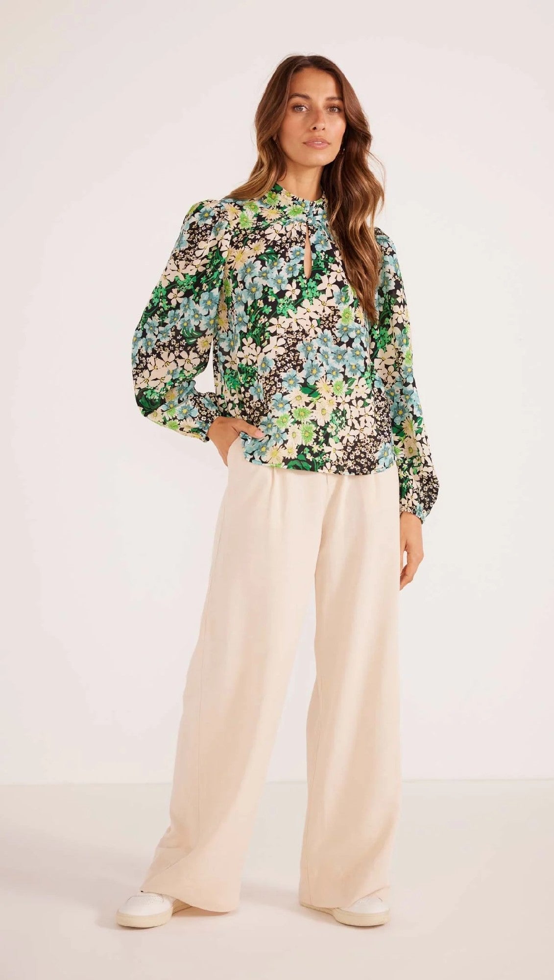 Lenora Floral Blouse | High Neck and Keyhole Cut-Out | Blouson Sleeves with Elastic Cuffs