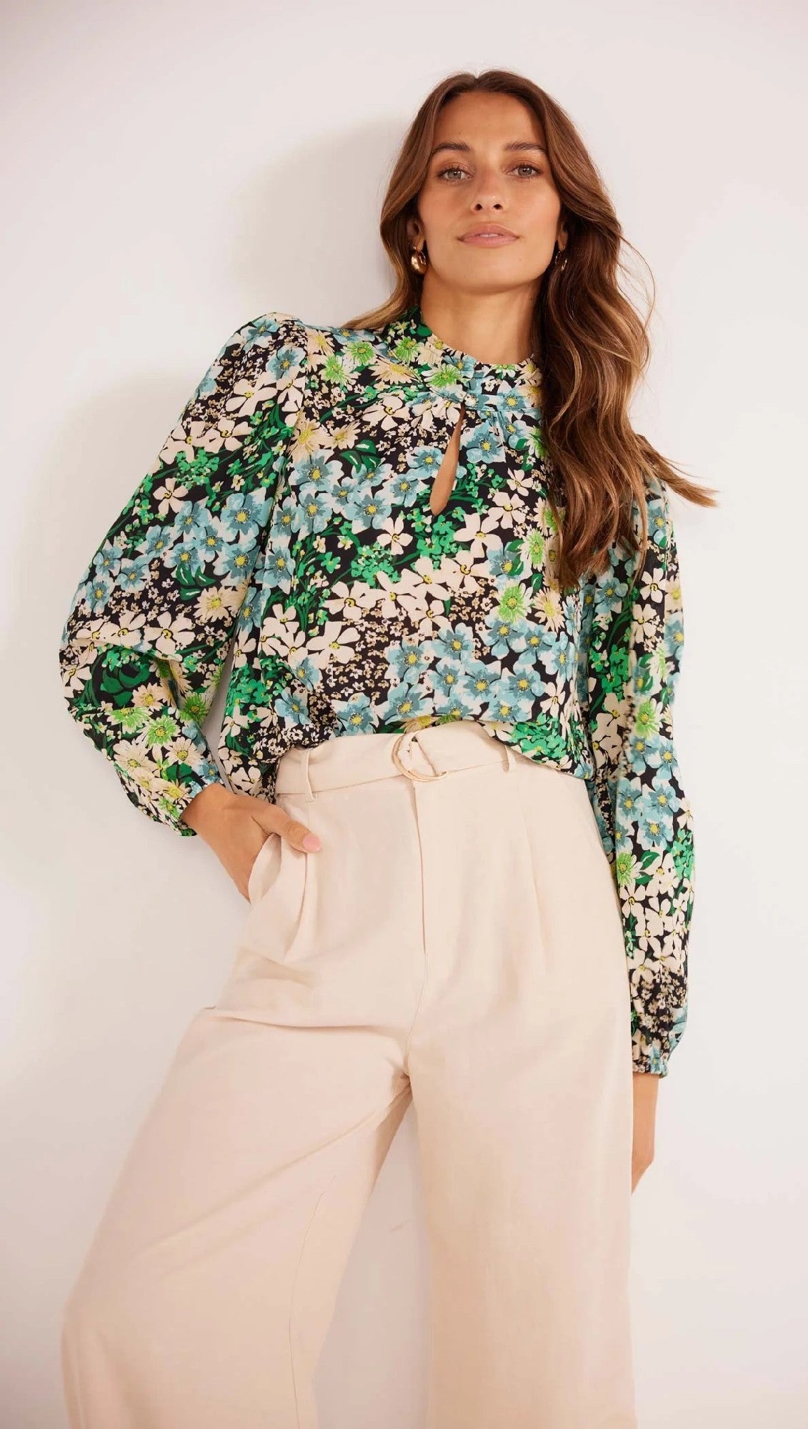 Lenora Floral Blouse | High Neck and Keyhole Cut-Out | Blouson Sleeves with Elastic Cuffs