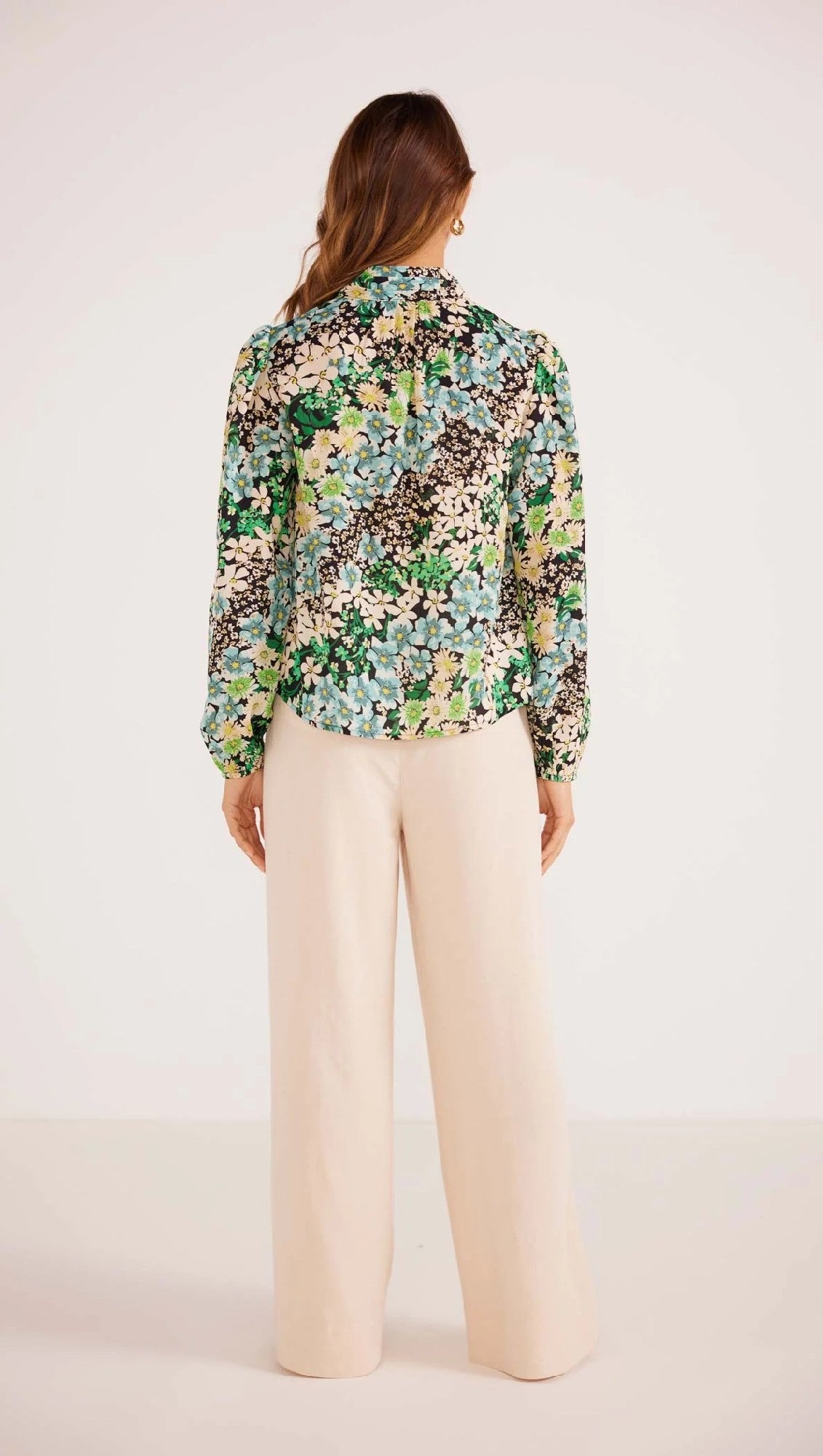 Lenora Floral Blouse | High Neck and Keyhole Cut-Out | Blouson Sleeves with Elastic Cuffs