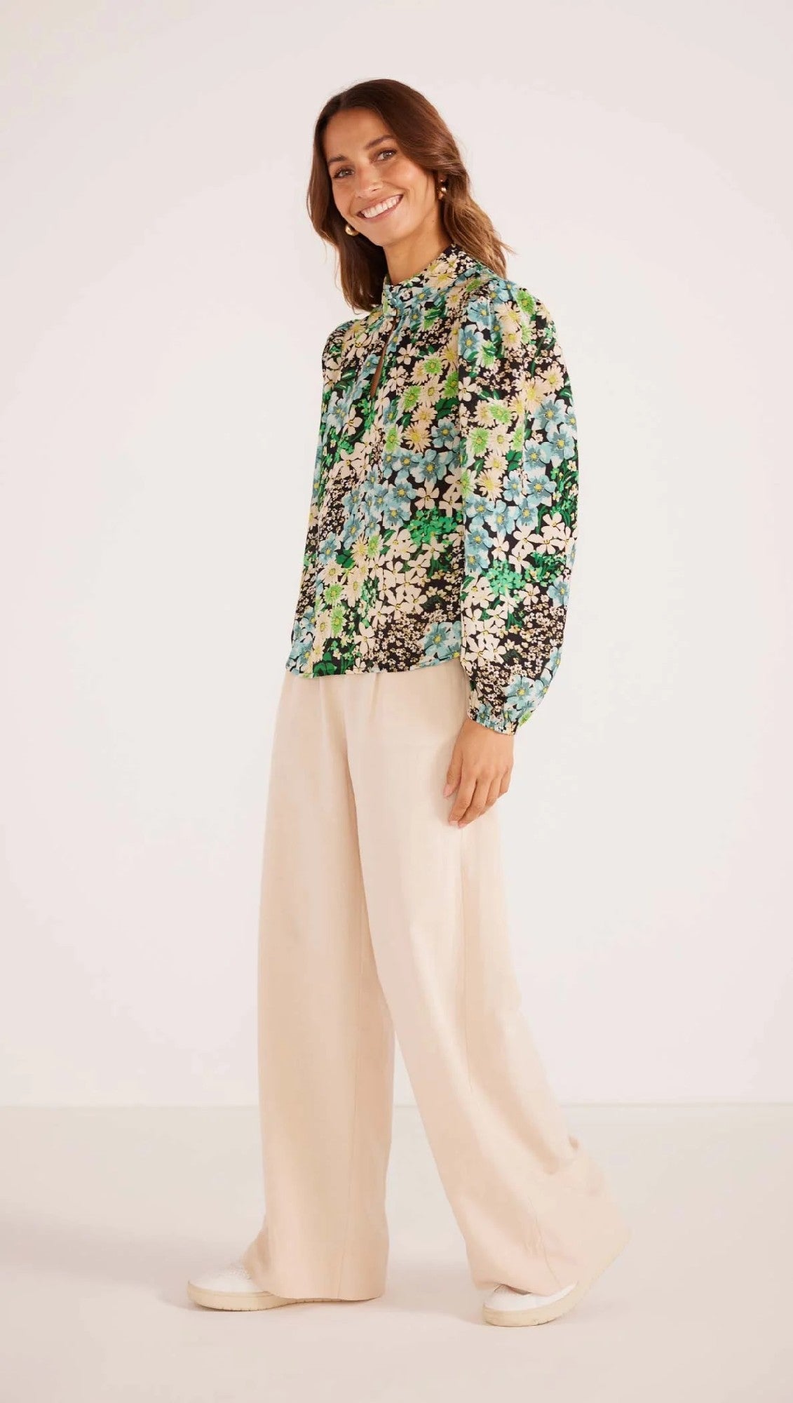 Lenora Floral Blouse | High Neck and Keyhole Cut-Out | Blouson Sleeves with Elastic Cuffs