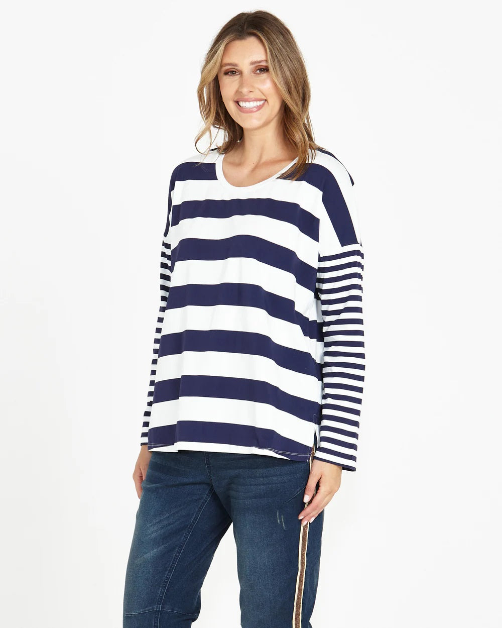 Betty Boxy Tee | Striped Long Sleeve Tee with Drop Shoulders and Side Splits | Relaxed Fit in Cotton Blend