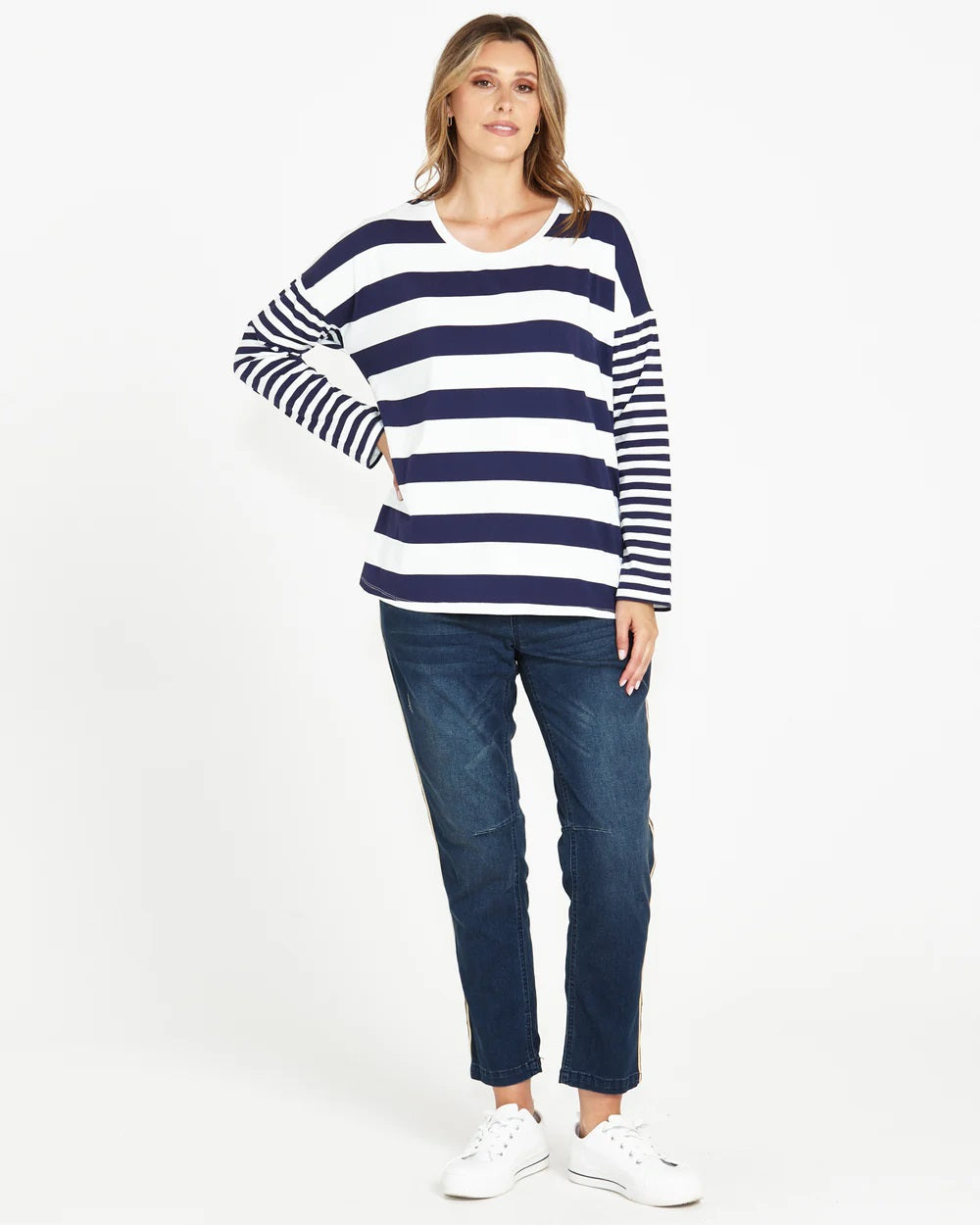 Betty Boxy Tee | Striped Long Sleeve Tee with Drop Shoulders and Side Splits | Relaxed Fit in Cotton Blend