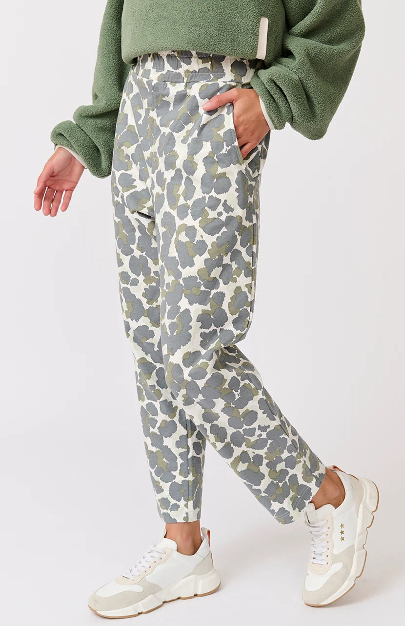 Grace Jogger Pants | Khaki Leopard Print with Elastic Waistband and Scoop Pockets | Relaxed Fit in 100% Cotton Terry