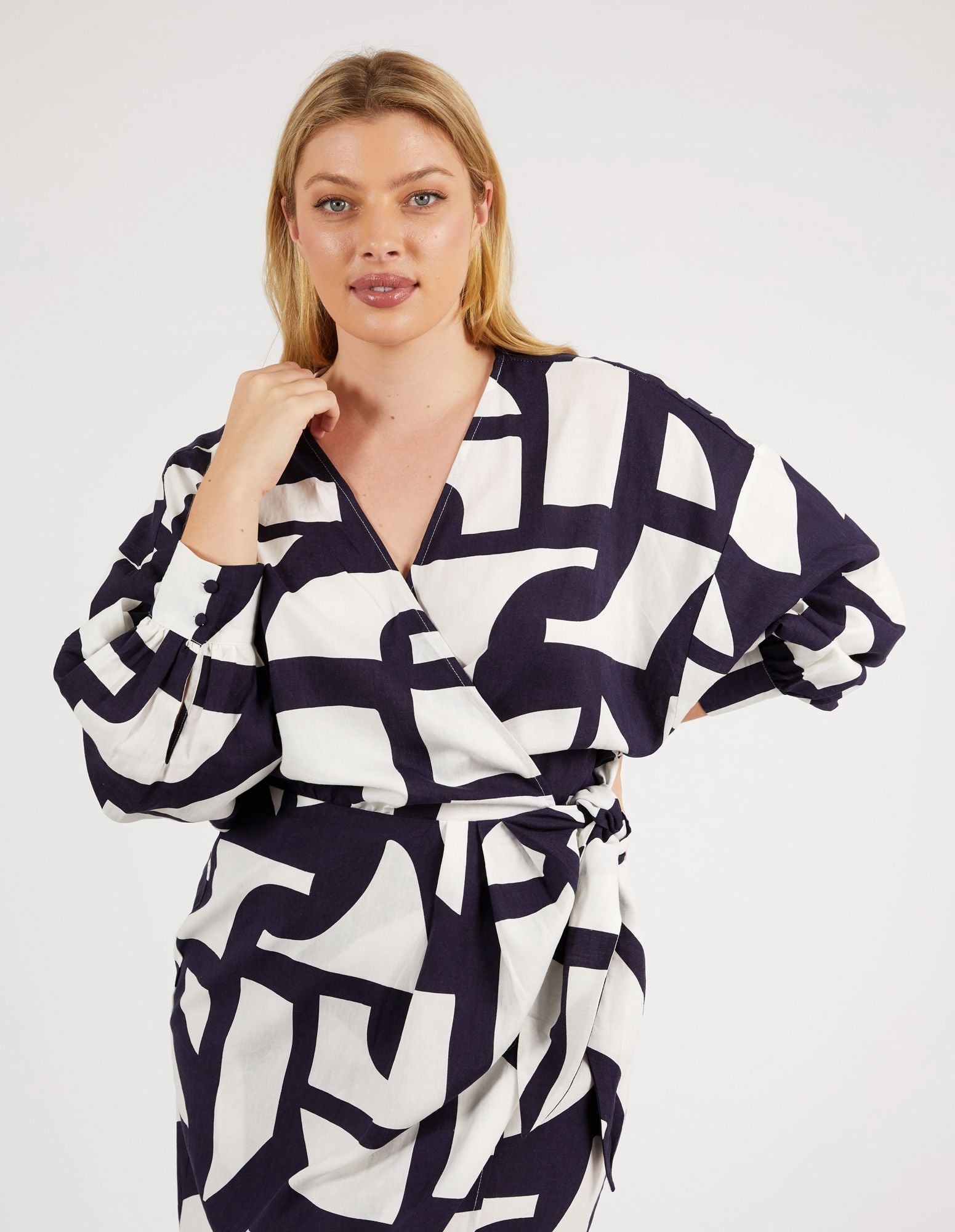 Navy and White Geometric Print Dress | Mid-Length with Gathered Waist and Pockets | Full Sleeves with Elastic Cuffs