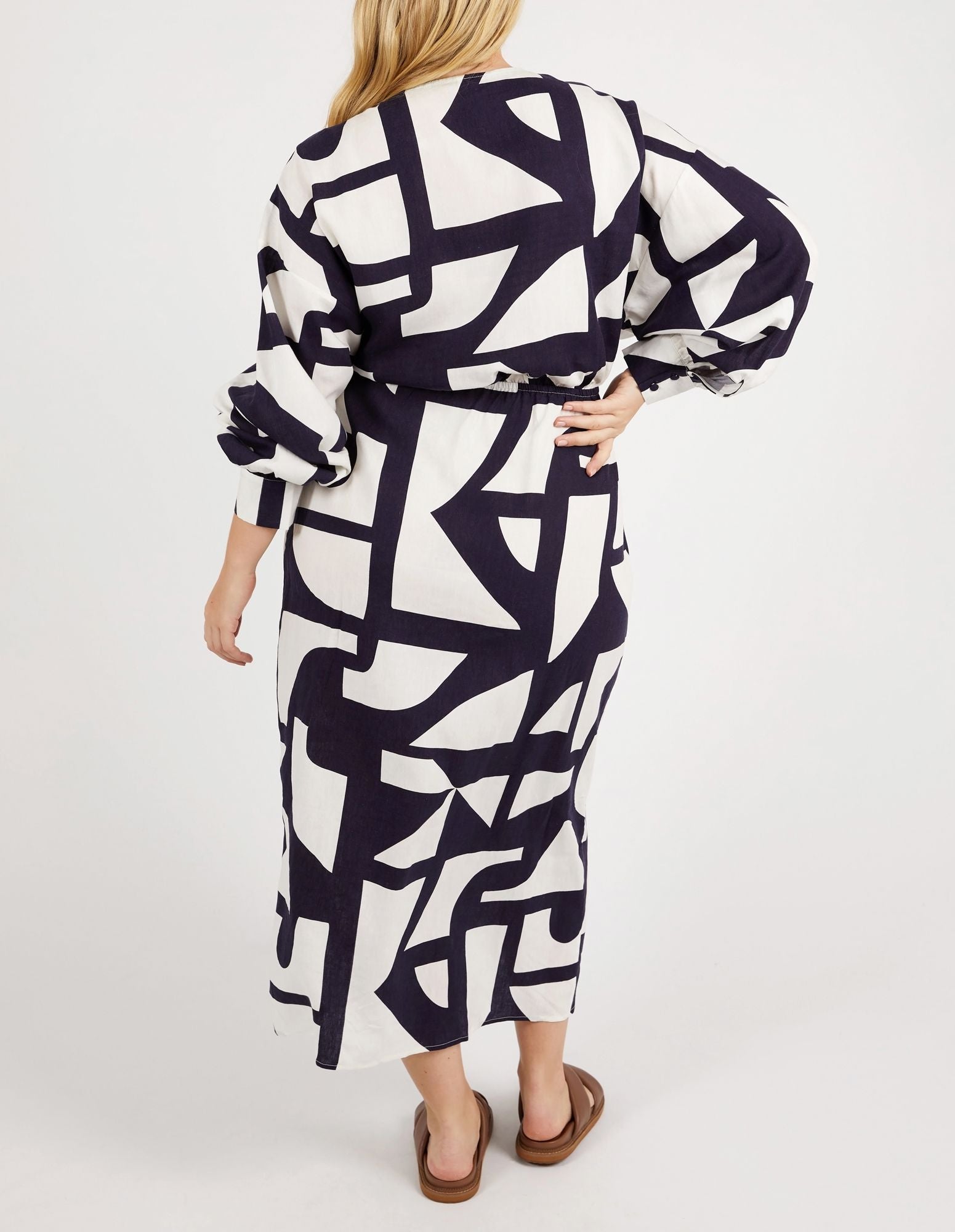 Navy and White Geometric Print Dress | Mid-Length with Gathered Waist and Pockets | Full Sleeves with Elastic Cuffs
