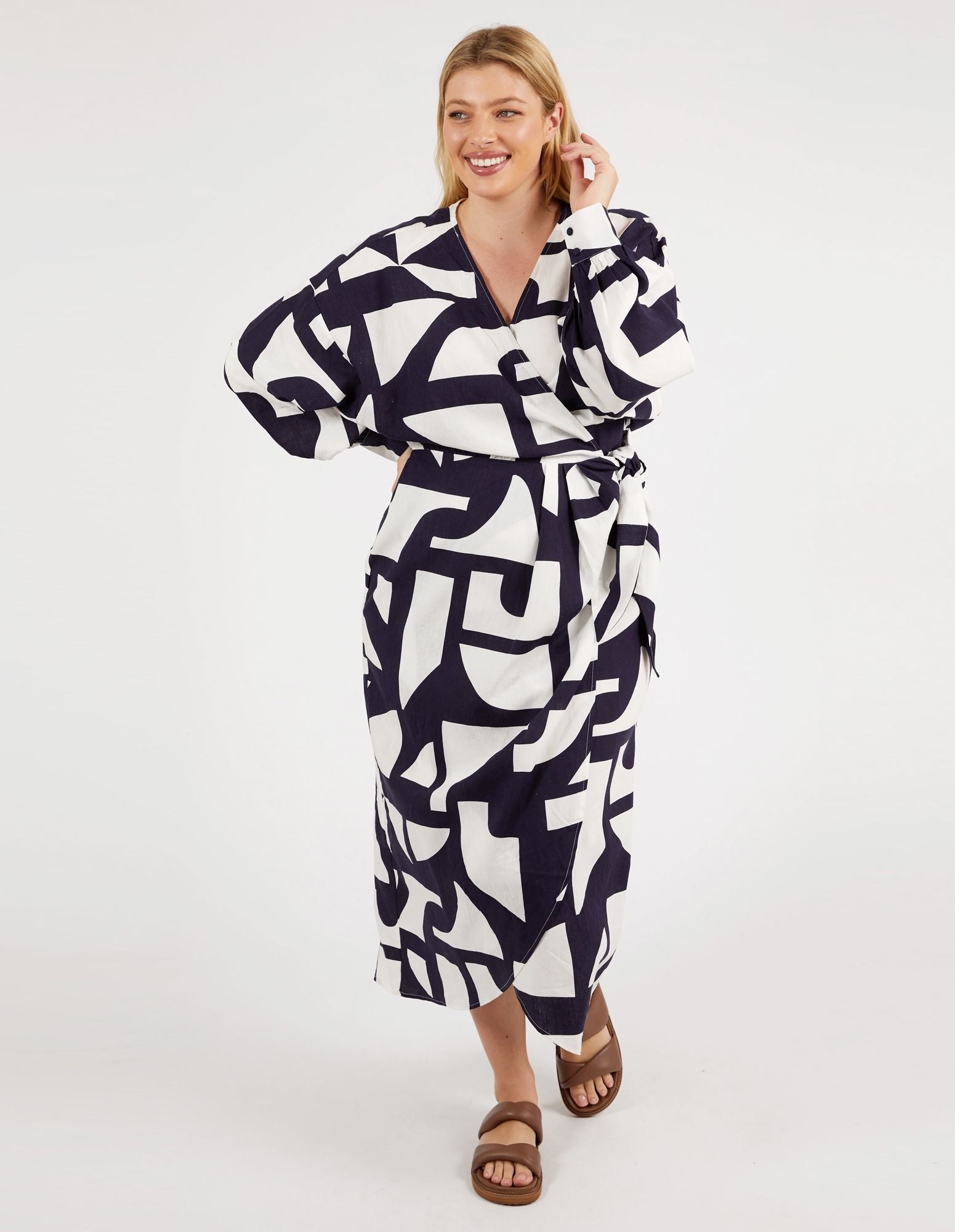 Navy and White Geometric Print Dress | Mid-Length with Gathered Waist and Pockets | Full Sleeves with Elastic Cuffs