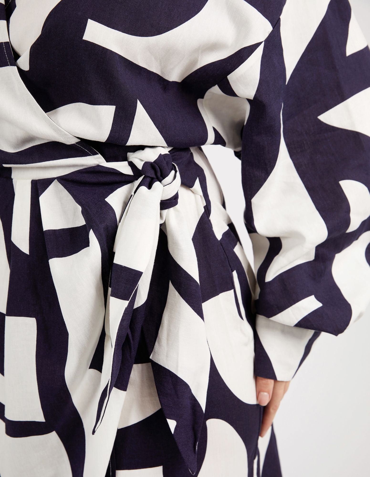 Navy and White Geometric Print Dress | Mid-Length with Gathered Waist and Pockets | Full Sleeves with Elastic Cuffs