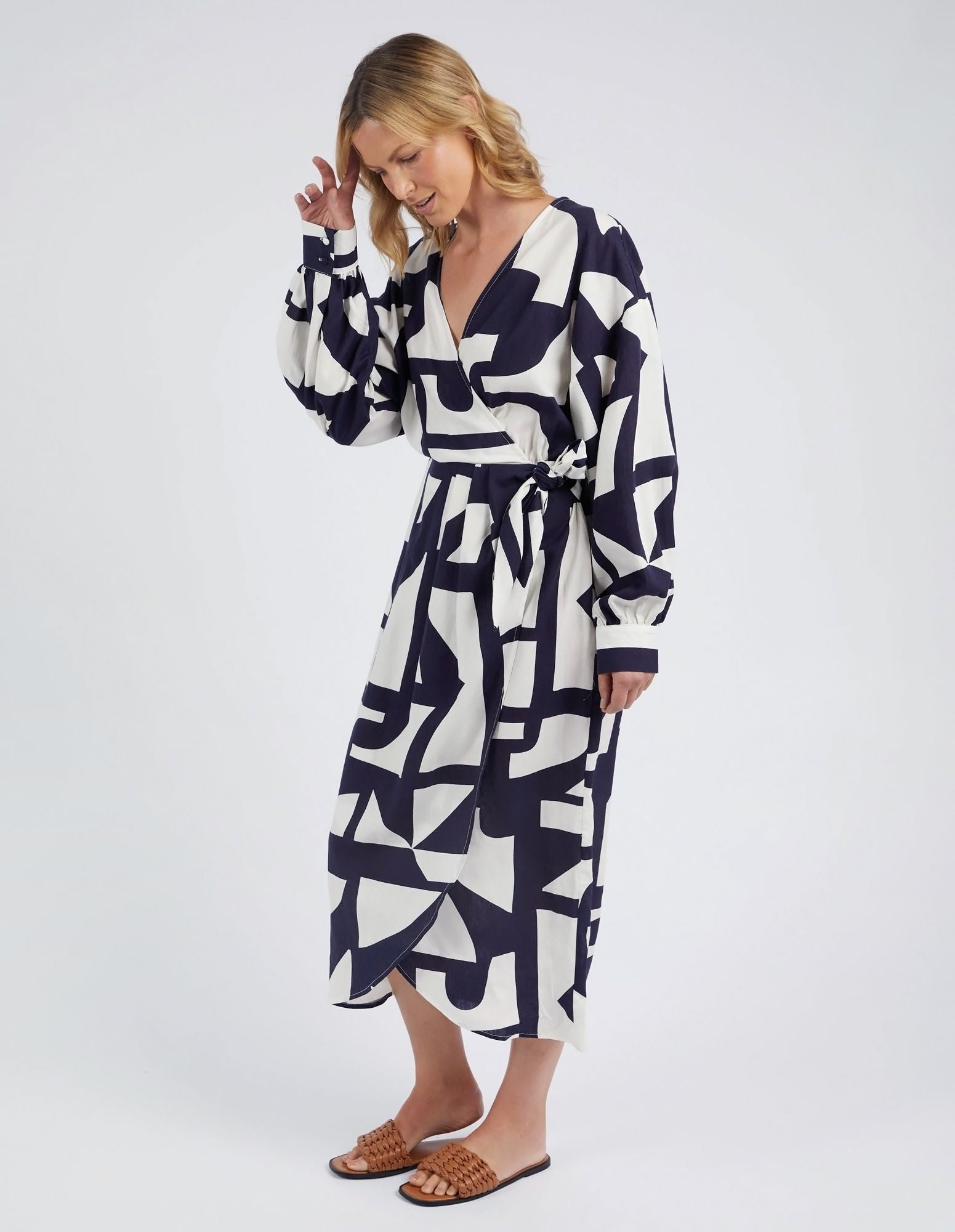Navy and White Geometric Print Dress | Mid-Length with Gathered Waist and Pockets | Full Sleeves with Elastic Cuffs