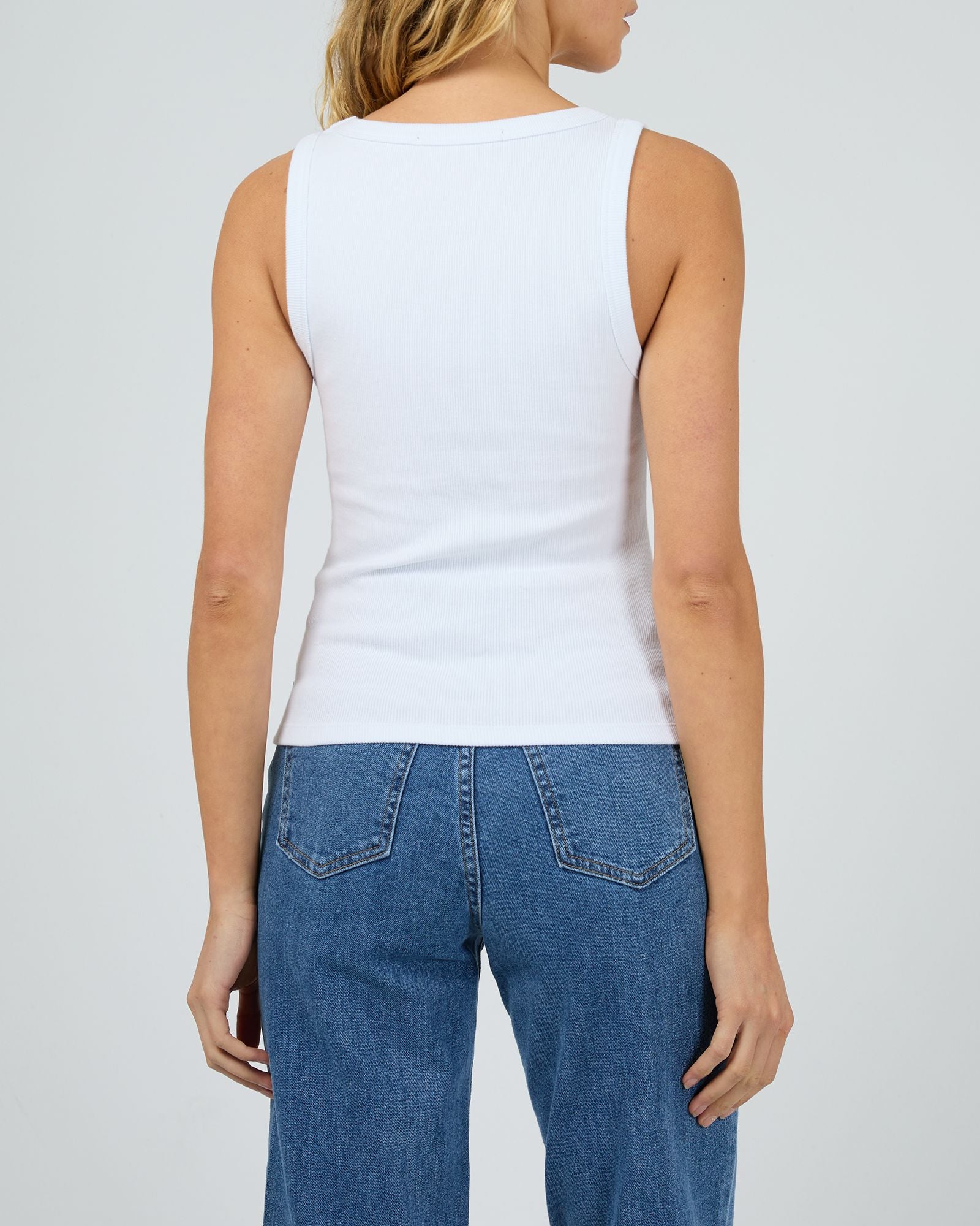 - Back view of Silent Theory Mia White Tank – scoop neck cotton tank