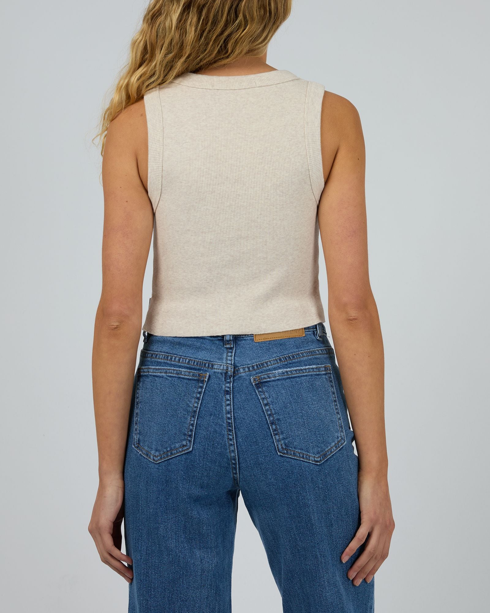 Back view of Silent Theory Pia Crop Tank in neutral oat color