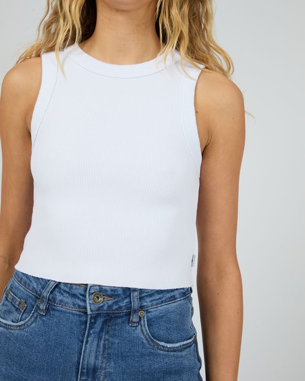 Close-up of ribbed white crop tank