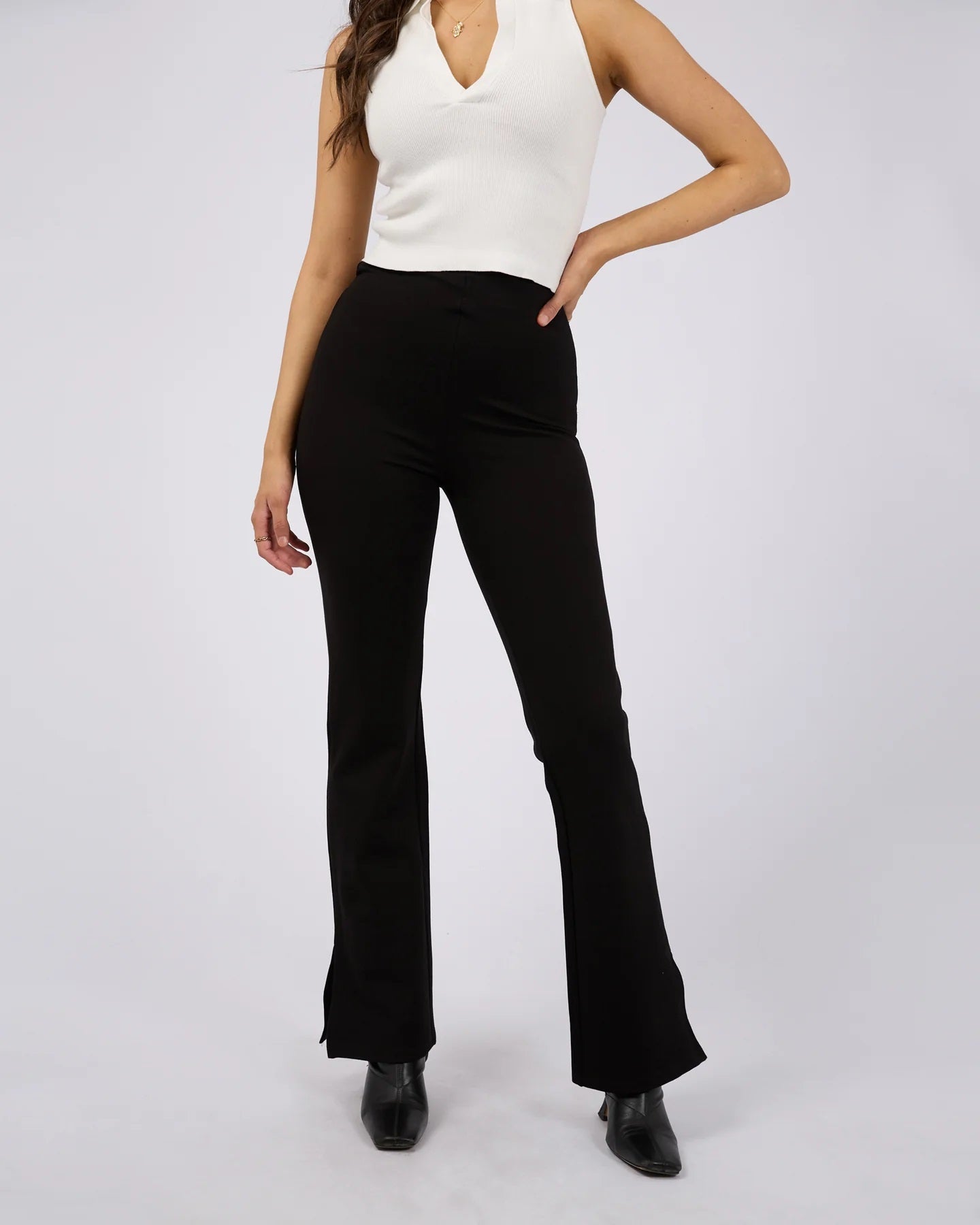 Jenna Side Split Pants | High-Rise Fit with Flared Leg and Ankle Split | Elastic Waistband with Invisible Zip