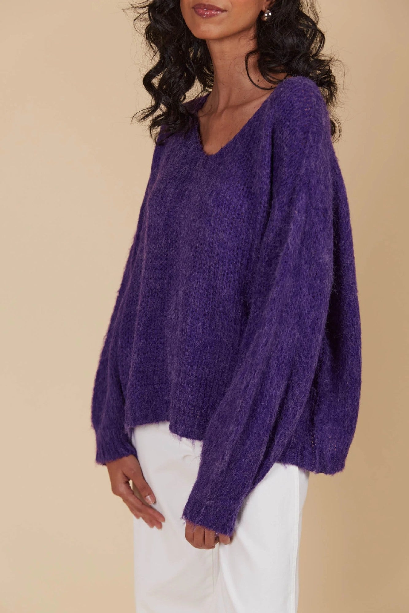 Pallas Knit Jumper | V-Neck with Drop Shoulders and Mohair-Look Texture | Relaxed Hip-Length Fit for Layering