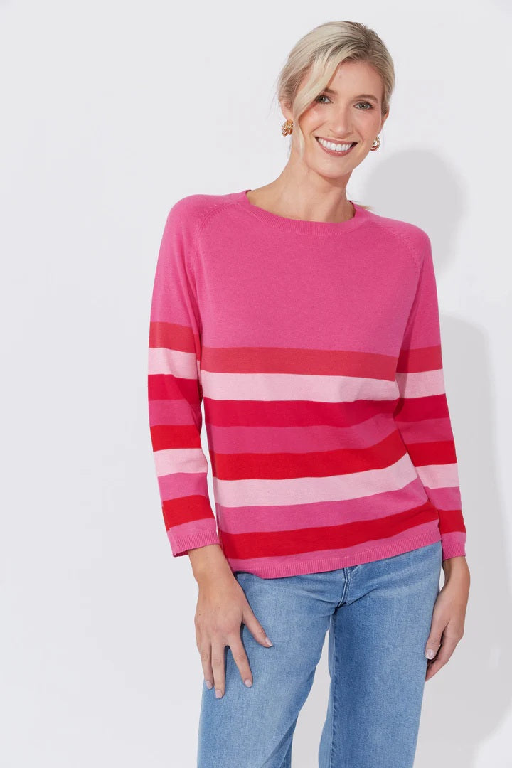 Florida Stripe Jumper | Bright Colour-Blocked Cotton Knit | Wide Neck with Raglan Sleeves and Hip-Length Fit