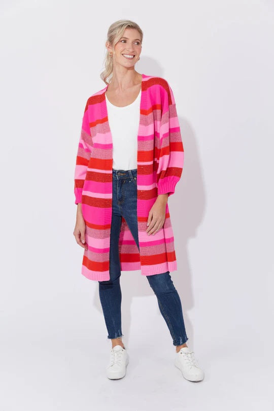 Vibrant Yuma Cardigan | Open Front with High-Contrast Stripes and Lurex Threading | Longline Fit with Balloon Sleeves