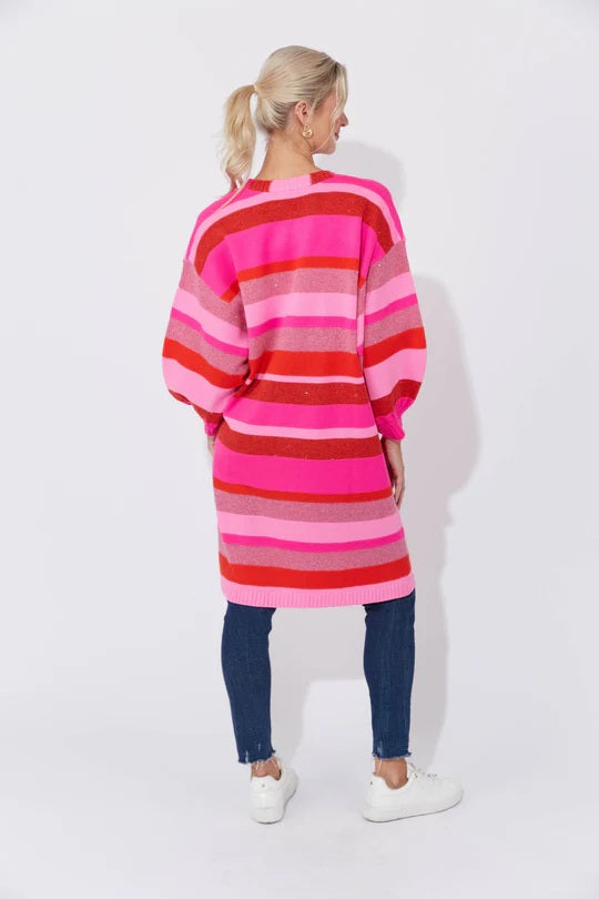 Vibrant Yuma Cardigan | Open Front with High-Contrast Stripes and Lurex Threading | Longline Fit with Balloon Sleeves