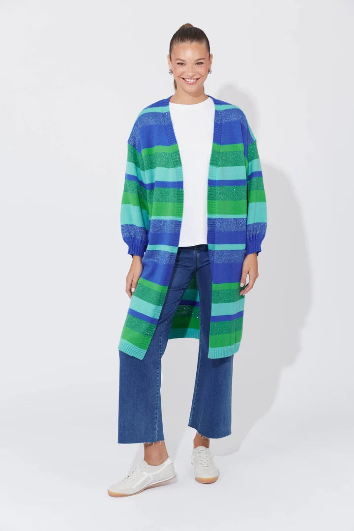 Yuma Longline Cardigan | High-Contrast Stripes with Lurex Threading | Open Front and Balloon Sleeves for a Relaxed Fit