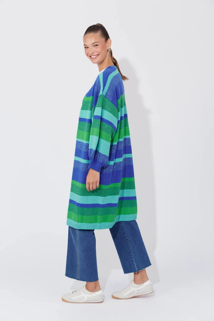 Yuma Longline Cardigan | High-Contrast Stripes with Lurex Threading | Open Front and Balloon Sleeves for a Relaxed Fit