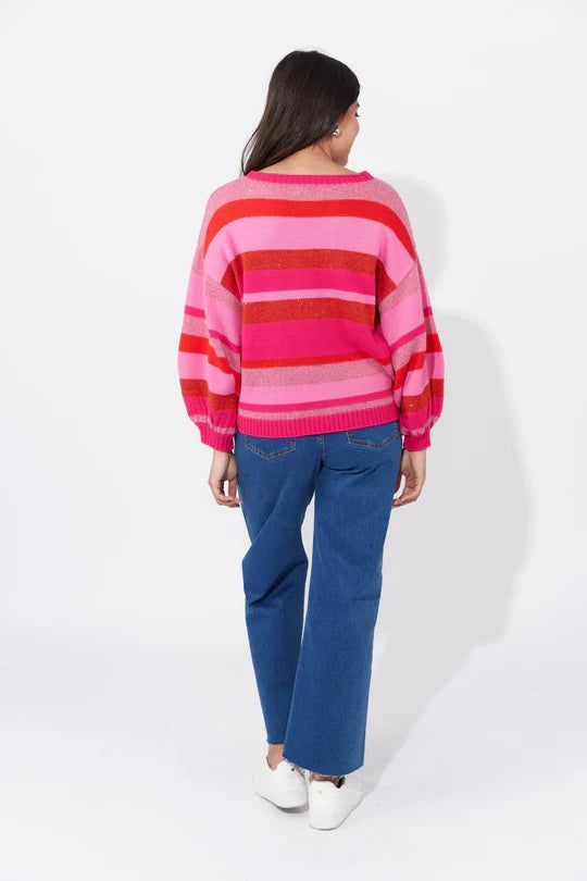Yuma Knit Jumper | Multi-Coloured Stripes with Lurex Threading | Boat Neck and Balloon Sleeves for a Cosy Fit