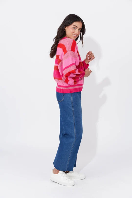 Yuma Knit Jumper | Multi-Coloured Stripes with Lurex Threading | Boat Neck and Balloon Sleeves for a Cosy Fit