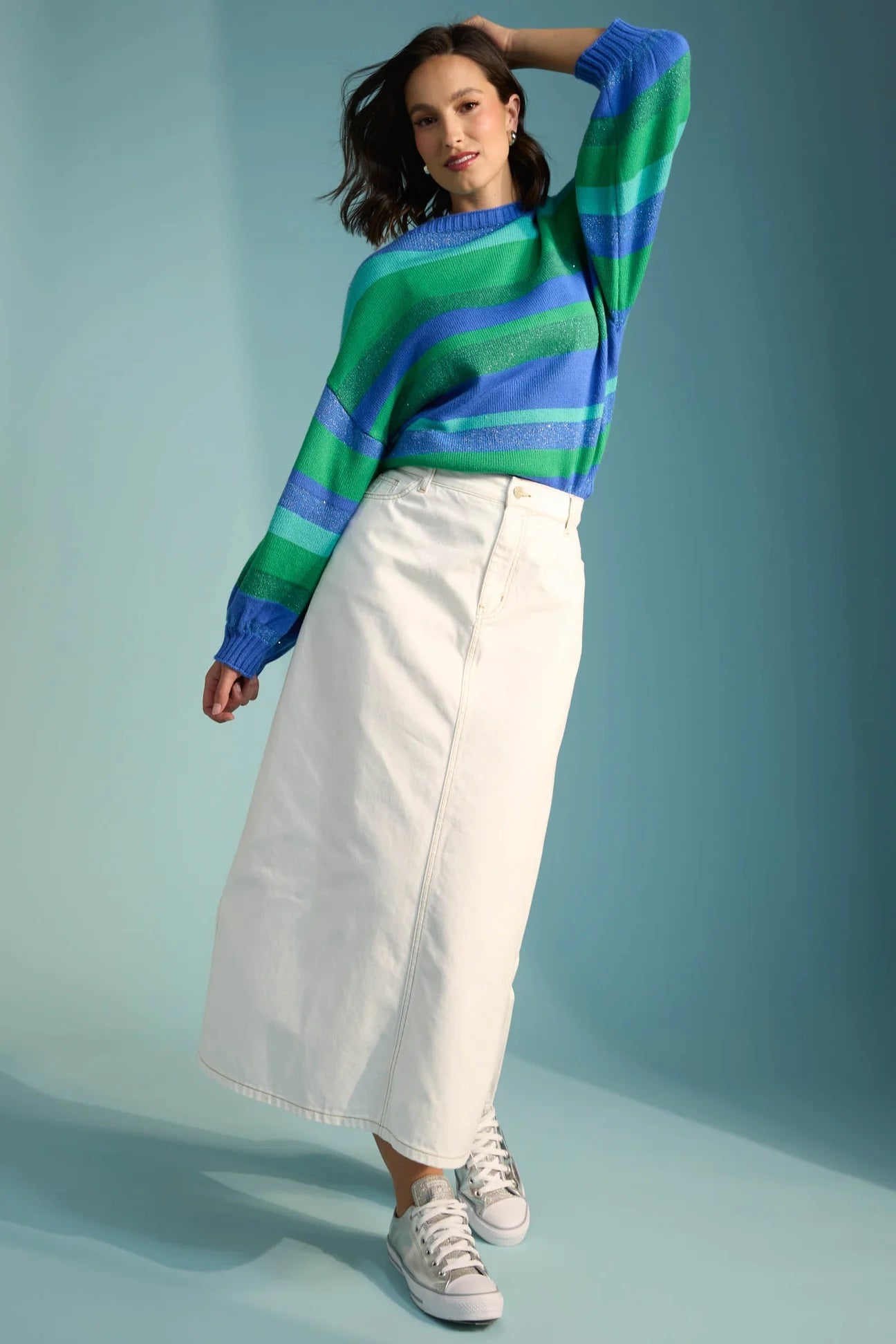Yuma Wool Blend Jumper | Multi-Coloured Stripes with Lurex Threading | Boat Neck and Balloon Sleeves for a Cosy Fit