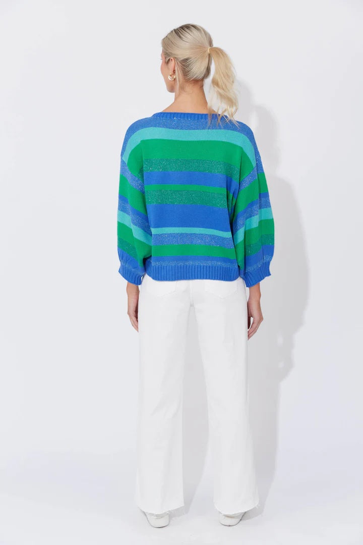 Yuma Wool Blend Jumper | Multi-Coloured Stripes with Lurex Threading | Boat Neck and Balloon Sleeves for a Cosy Fit