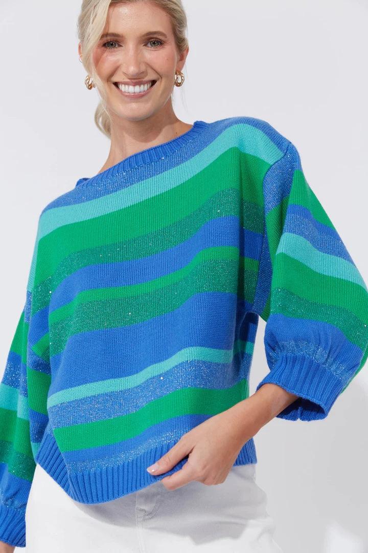 Yuma Wool Blend Jumper | Multi-Coloured Stripes with Lurex Threading | Boat Neck and Balloon Sleeves for a Cosy Fit